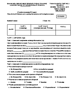 Đề kiểm tra 1 tiết số 3 môn Tiếng Anh Lớp 9 - Mã đề 001 - Năm học 2018-2019 - Trường THCS Lê Hồng Phong (Có đáp án)